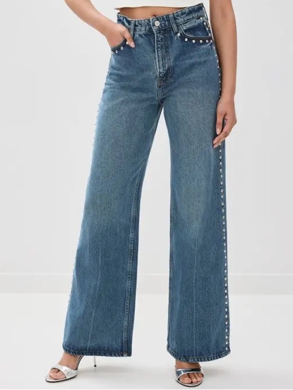 Reformation Cary Studded High Rise Wide Leg Jeans Size 25 Chesapeake